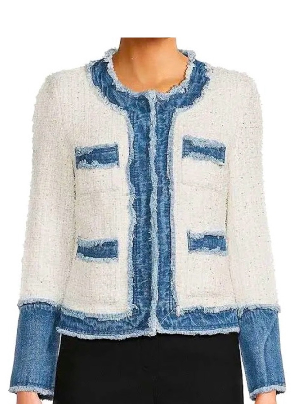 Nanette Lepore White Tweed Jacket with Blue Denim Trim